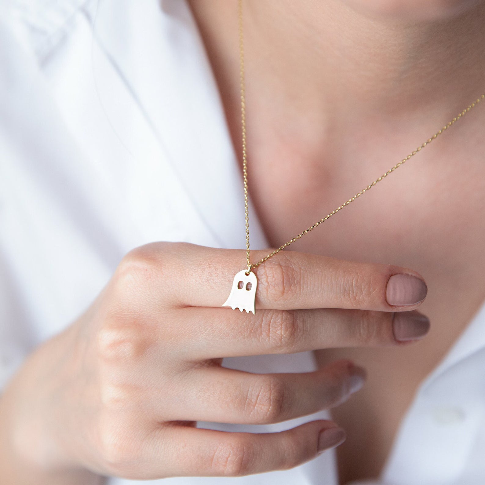 Sterling Gold Tiny Ghost Necklace: Halloween Spooky Boo Emoji